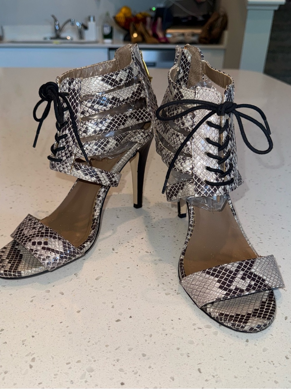 Report Signature Snake-Print Lace-Up Stiletto Sandals - Black & White